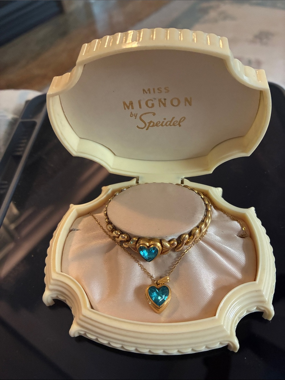 Speidel Gold-Tone Double Heart Necklace with Blue Stones